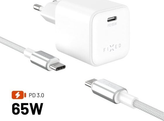 FIXED Mini GaN s USB-C výstupom a USB-C/USB-C káblom 2 m podpora PD 65W biela
