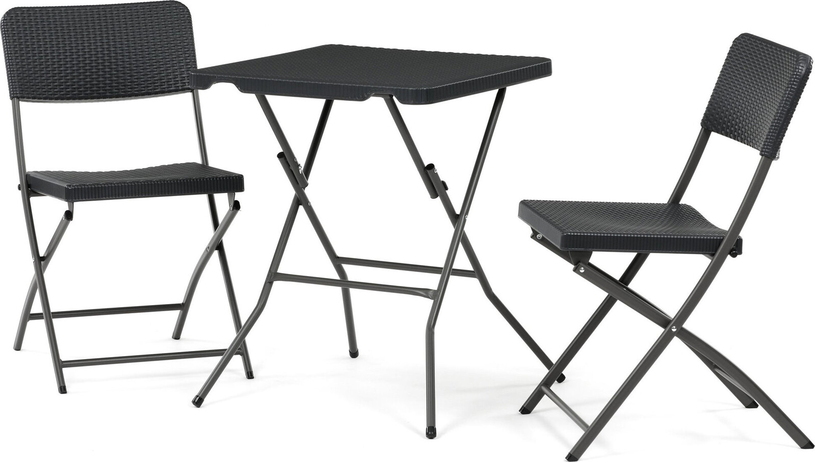Záhradný set 1 + 2, stôl 60 × 60 cm, sivý plast, imitácia ratanu, sivé kovové nohy