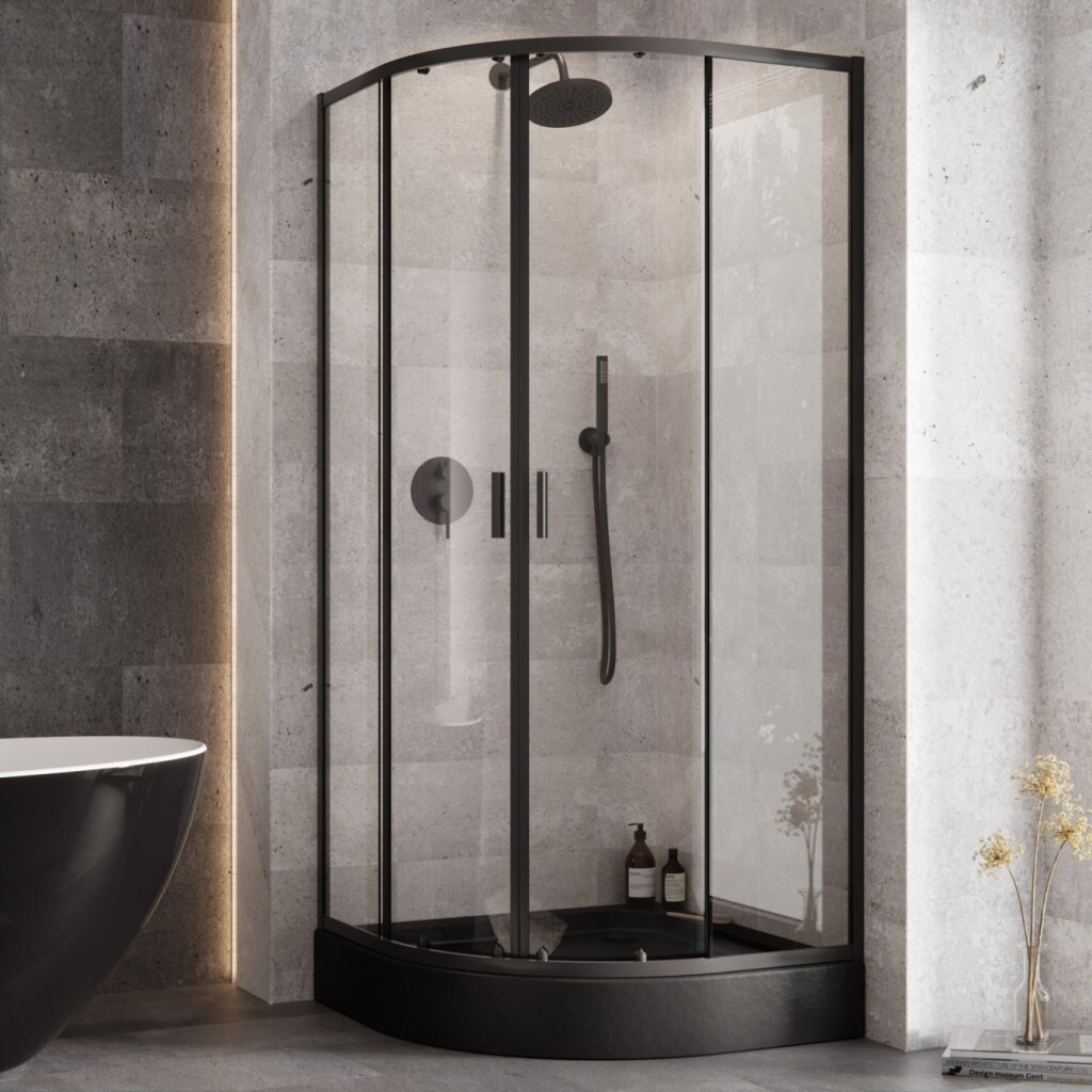 BESCO - Set kút ZARYA BLACK + vanička ALEX STONE EFFECT - FARBA rámu - Čierna, Rozmer A - 90 cm, Rozmer B - 90 cm, Výplň - Číre bezpečnostné sklo - 5 mm OLBZAAL90B