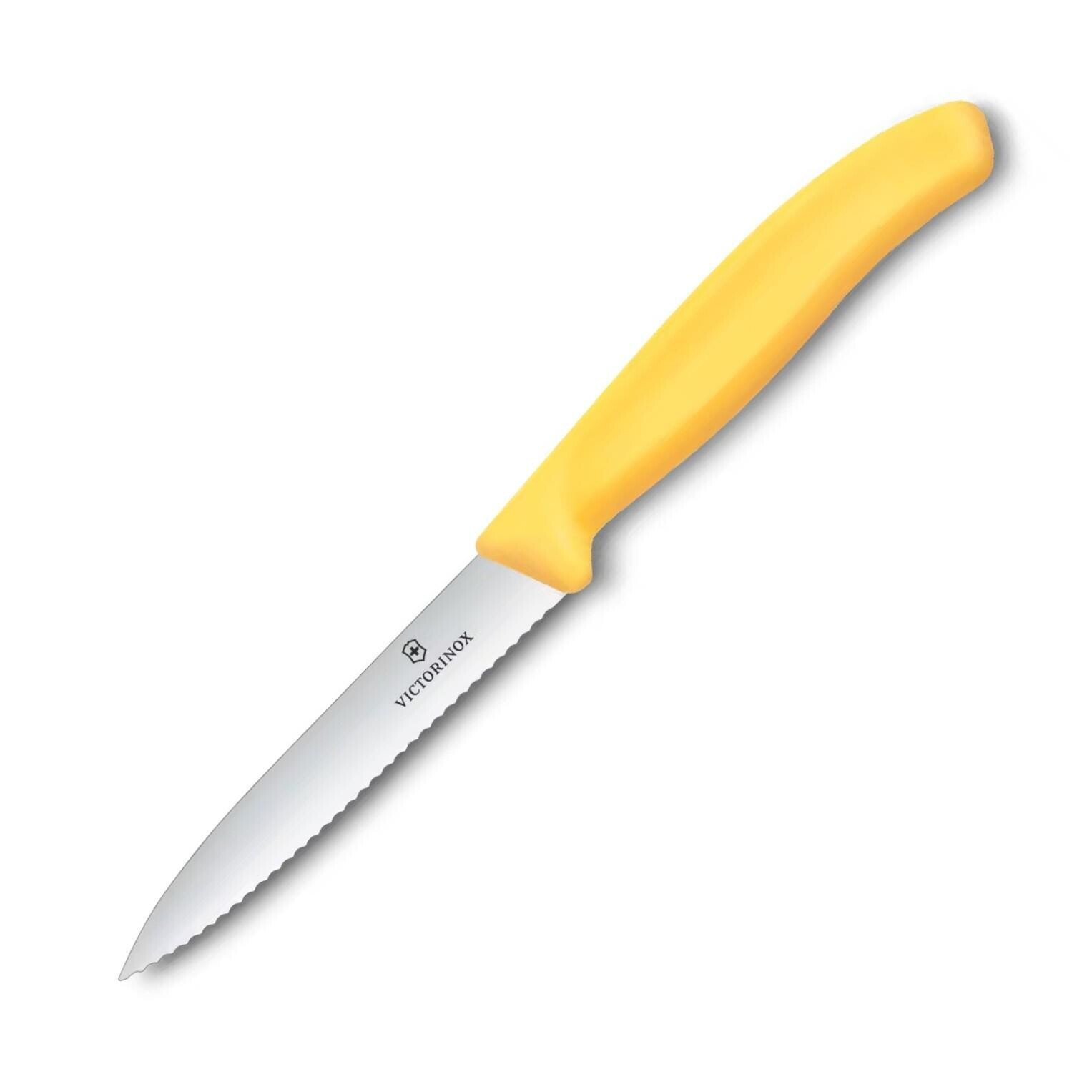 Nôž na krájanie / lúpanie SWISS CLASSIC 10 cm, vrúbkovaný, žltá, plast, Victorinox