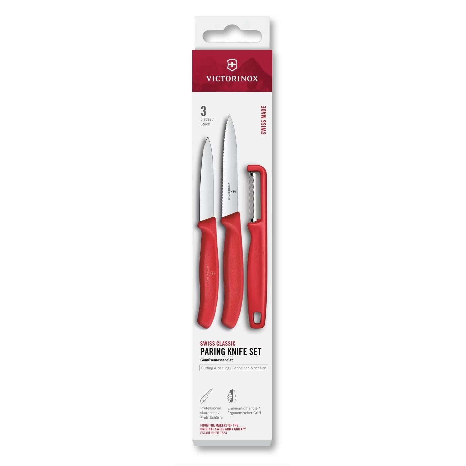 Sada noža a škrabky SWISS CLASSIC, sada 3 ks, červená, plast, Victorinox