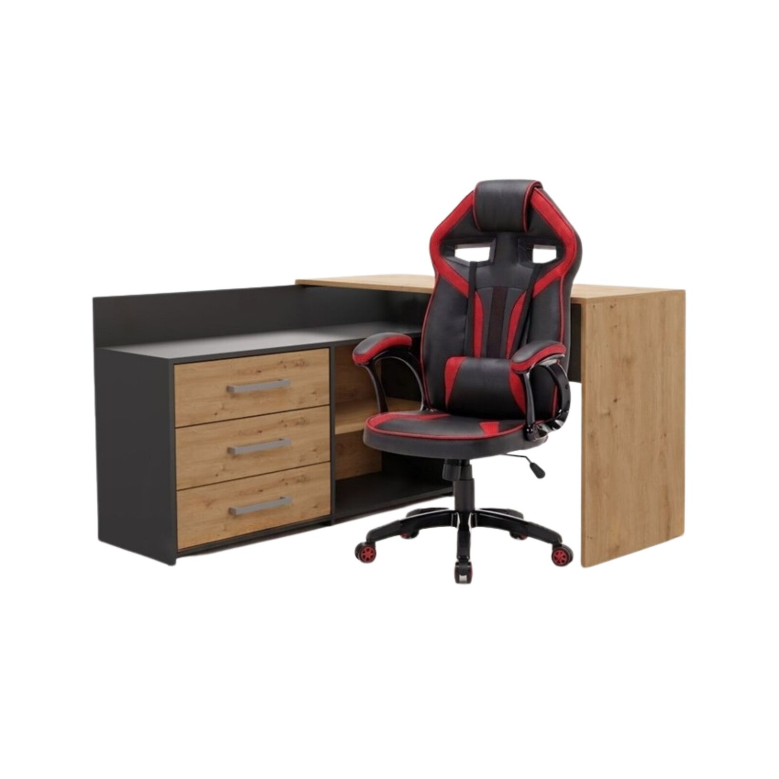 Rohový psací stůl Dany dub Artisan/antracit s herním křeslem Drift černo-červeným