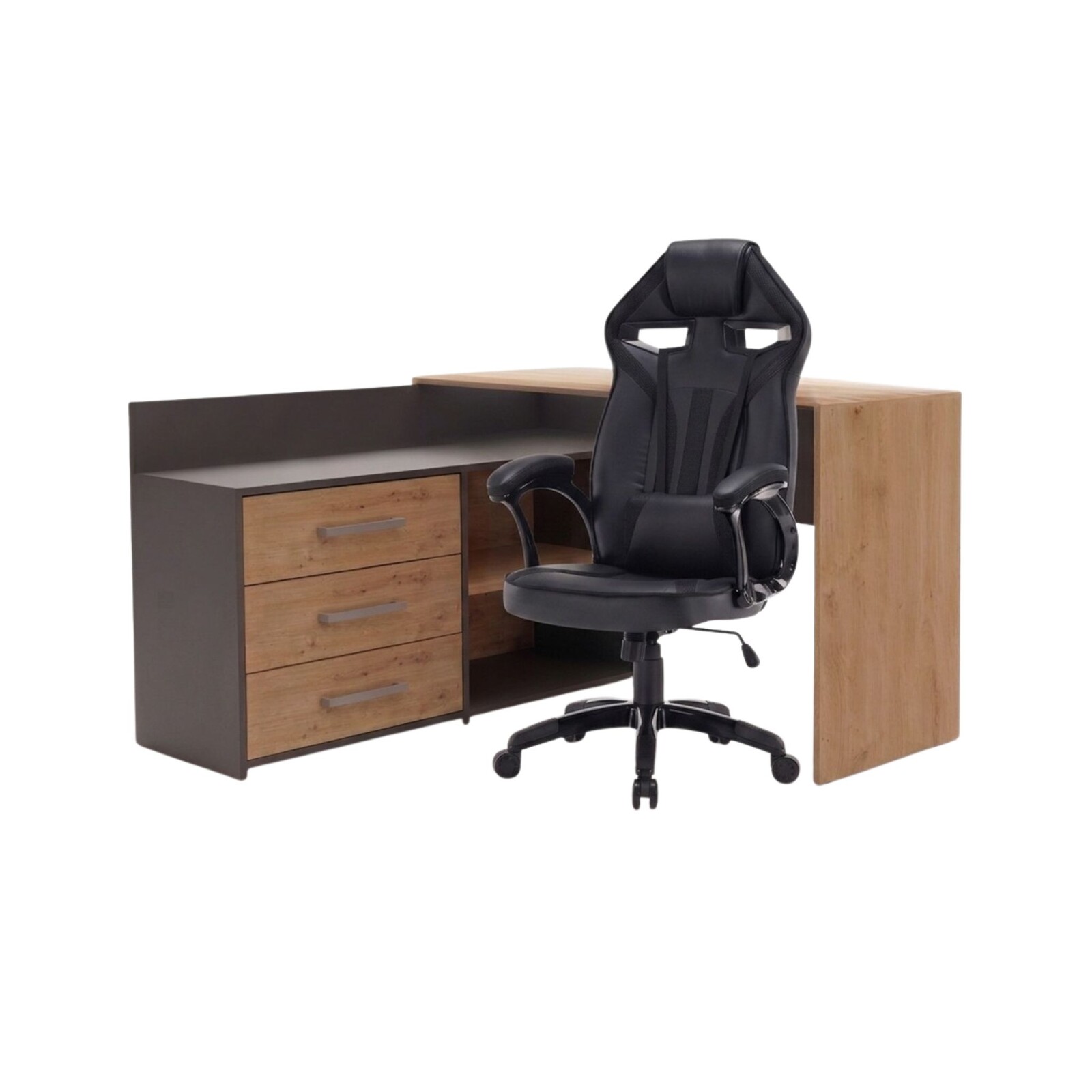Rohový psací stůl Dany dub Artisan/antracit s herním křeslem Drift černým