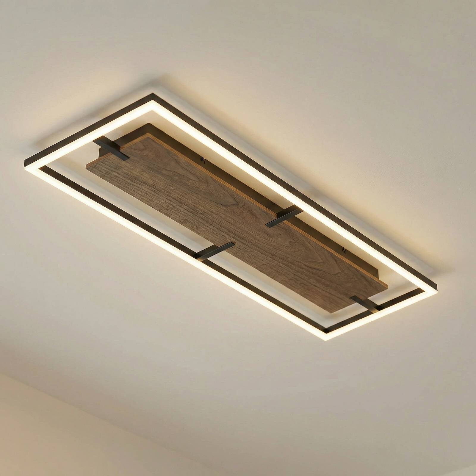 Stropné LED svetlo Lucande Vectra, 100 x 30 cm, drevo, stmievateľné