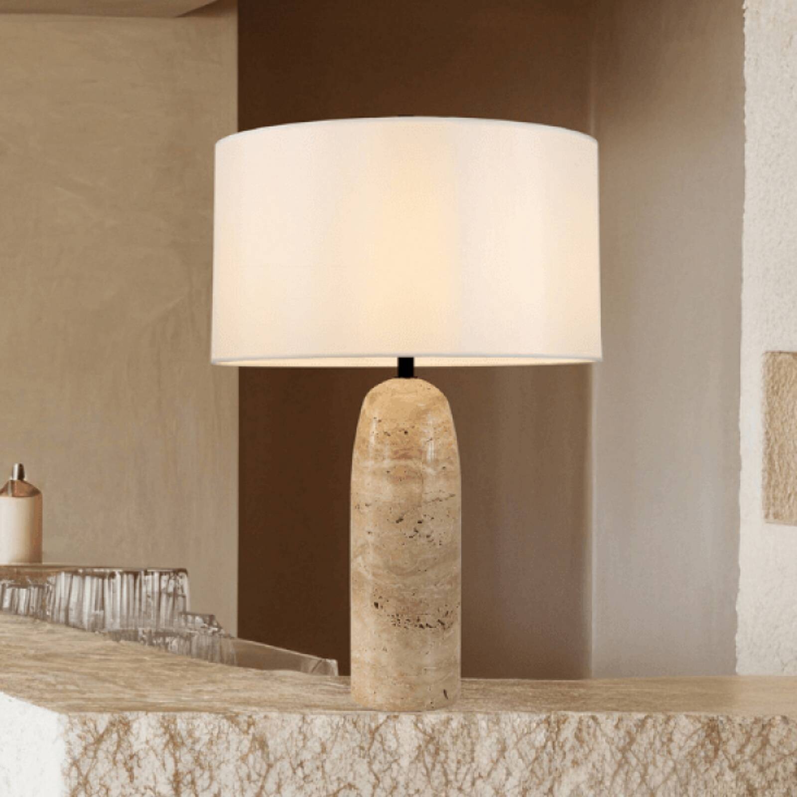 Stolová lampa 25428, béžová/biela, výška 55 cm, kameň/textil, E27
