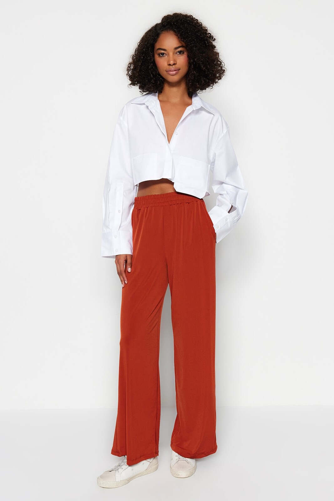 Trendyol Cinnamon Wide Leg/Casual Fit High Waist Stretchy Knitted Pants