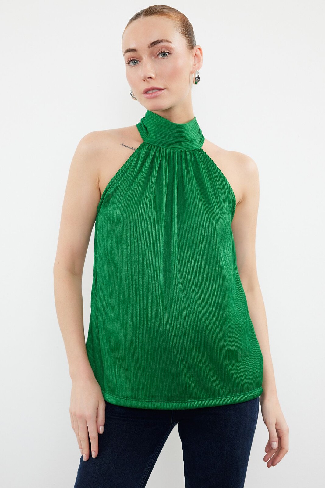 Trendyol Green High Collar Regular Fit Pleated Knitted Blouse