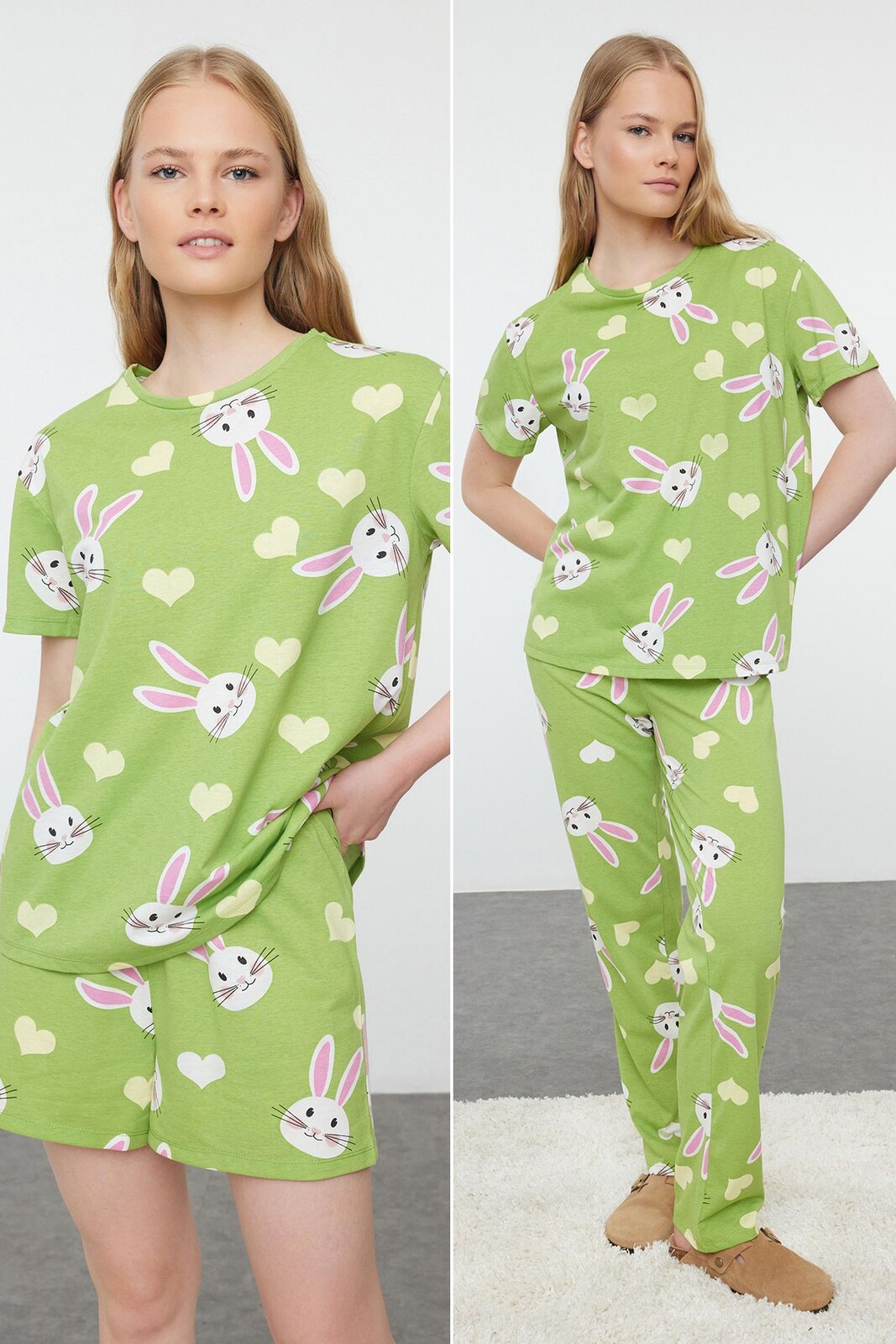 Trendyol Green 3-Pack 100% Cotton Rabbit and Heart Knitted Pajama Set