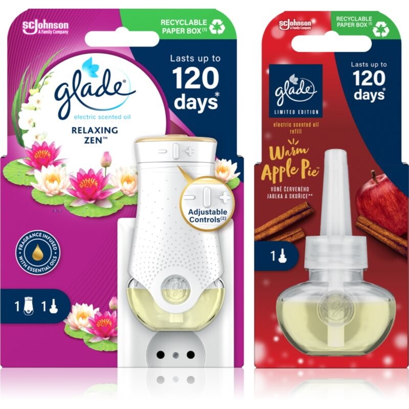 GLADE Electric scented oil Relaxing Zen + Warm Apple Pie výhodné balenie 3 ks