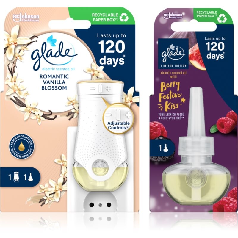 GLADE Electric scented oil Romantic Vanilla Blossom + Berry Festive Kiss výhodné balenie 3 ks