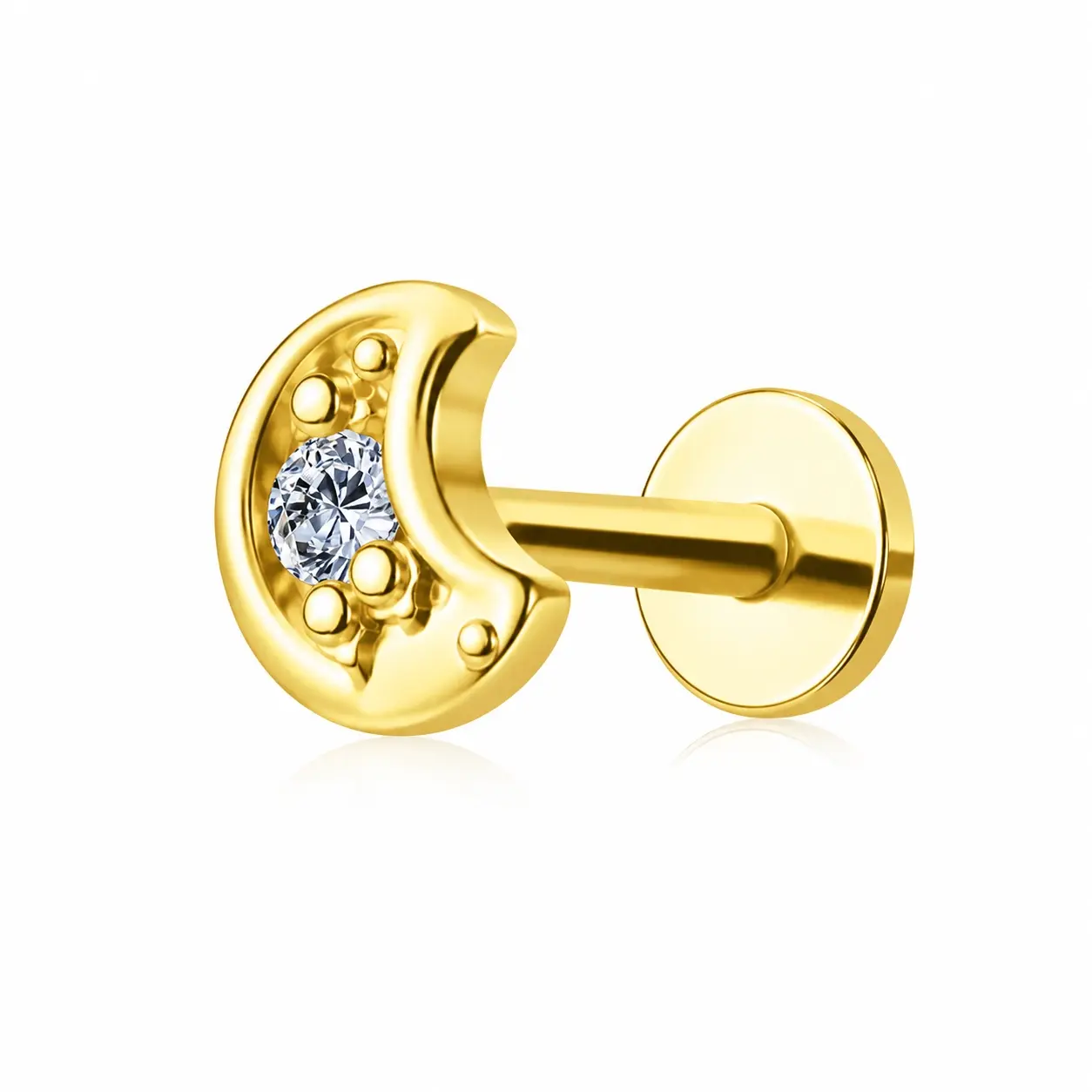 Zlatý piercing labret 14K s mesiacom a čírym zirkónom