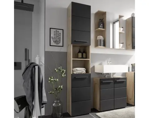 Vysoká kúpeľňová skrinka Vista 34 cm, dub viking/čierna%