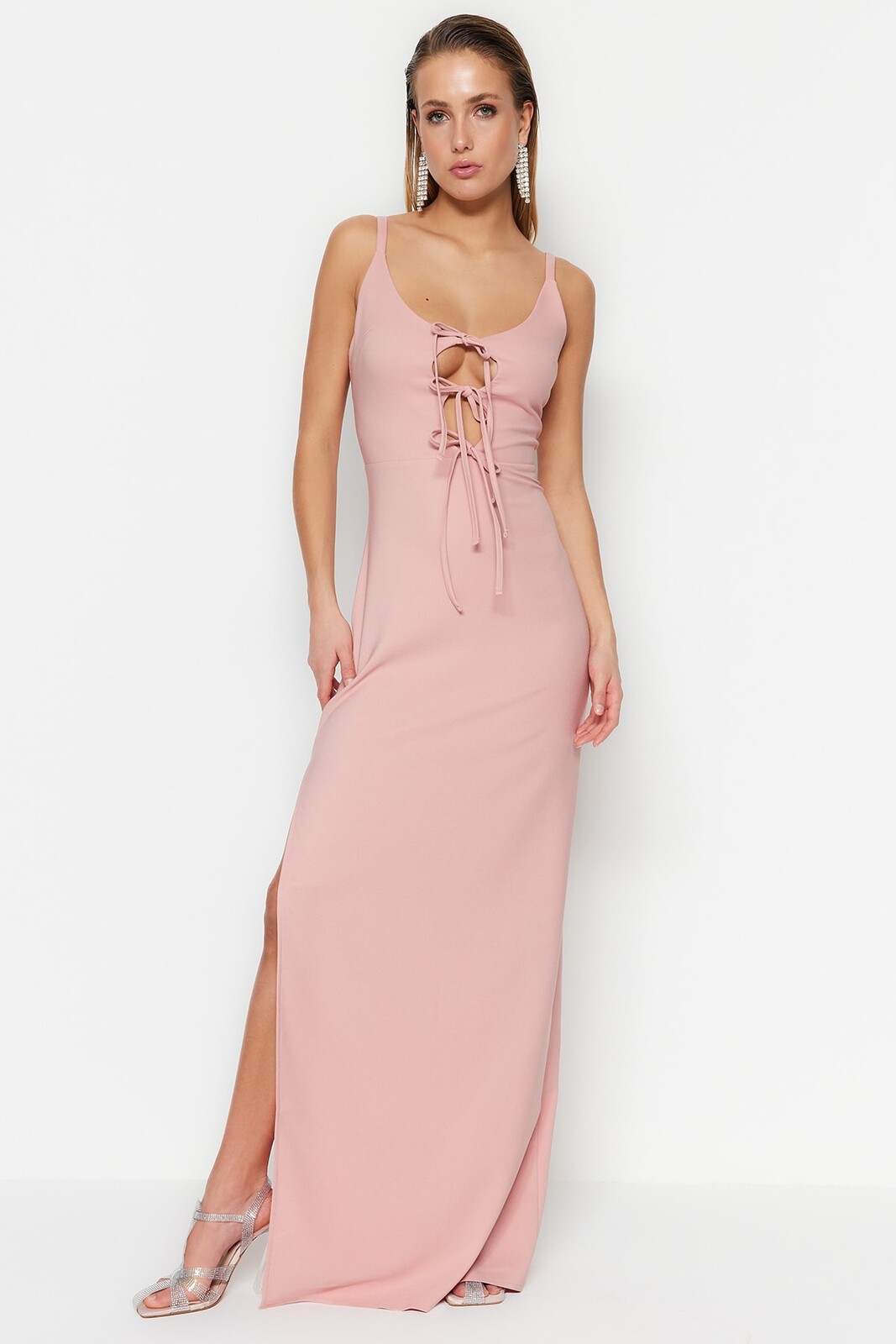 Trendyol Powder Weave Long Evening Dress with piping