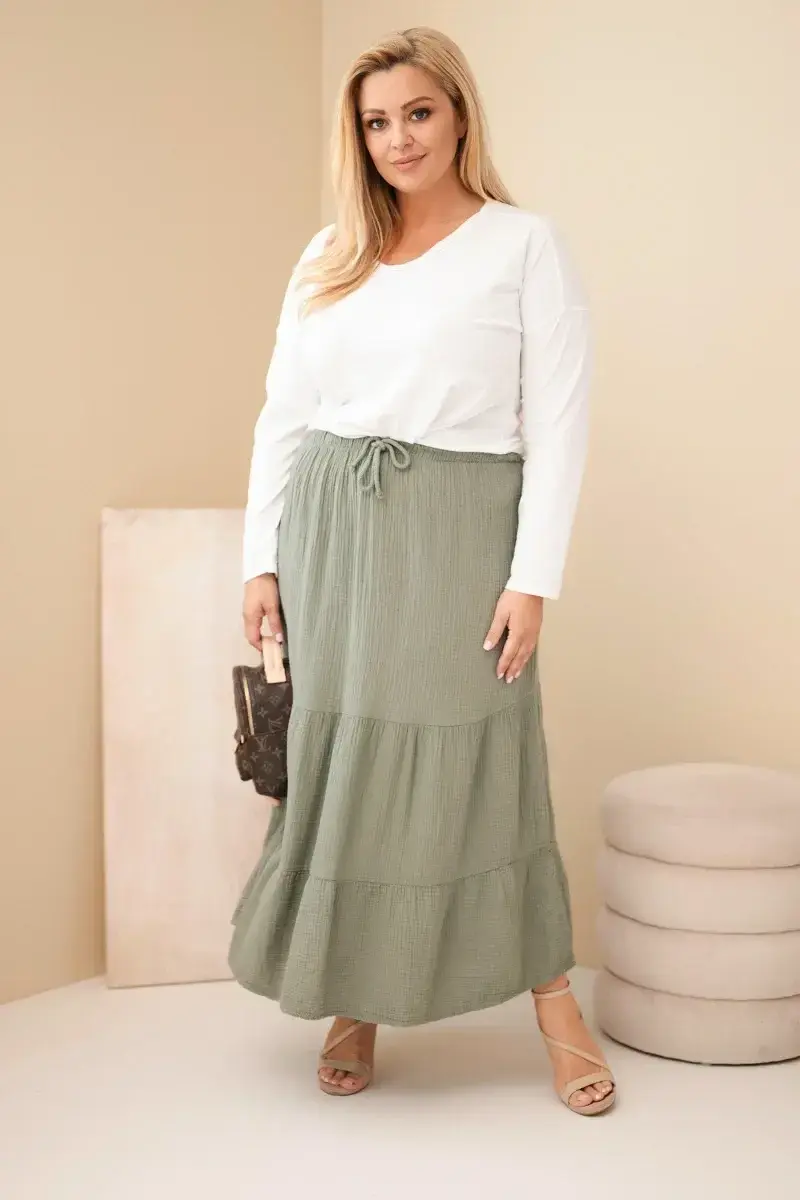 Plus size bavlnená sukňa Kesi s volánom, khaki