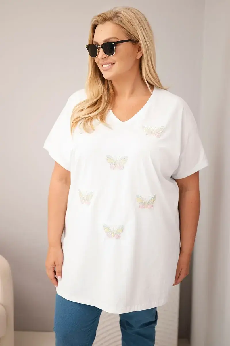 Dámska plus size blúzka s motýlikmi biela