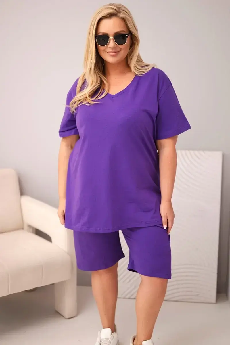 Kesi dámsky plus size komplet blúzka a šortky fialový