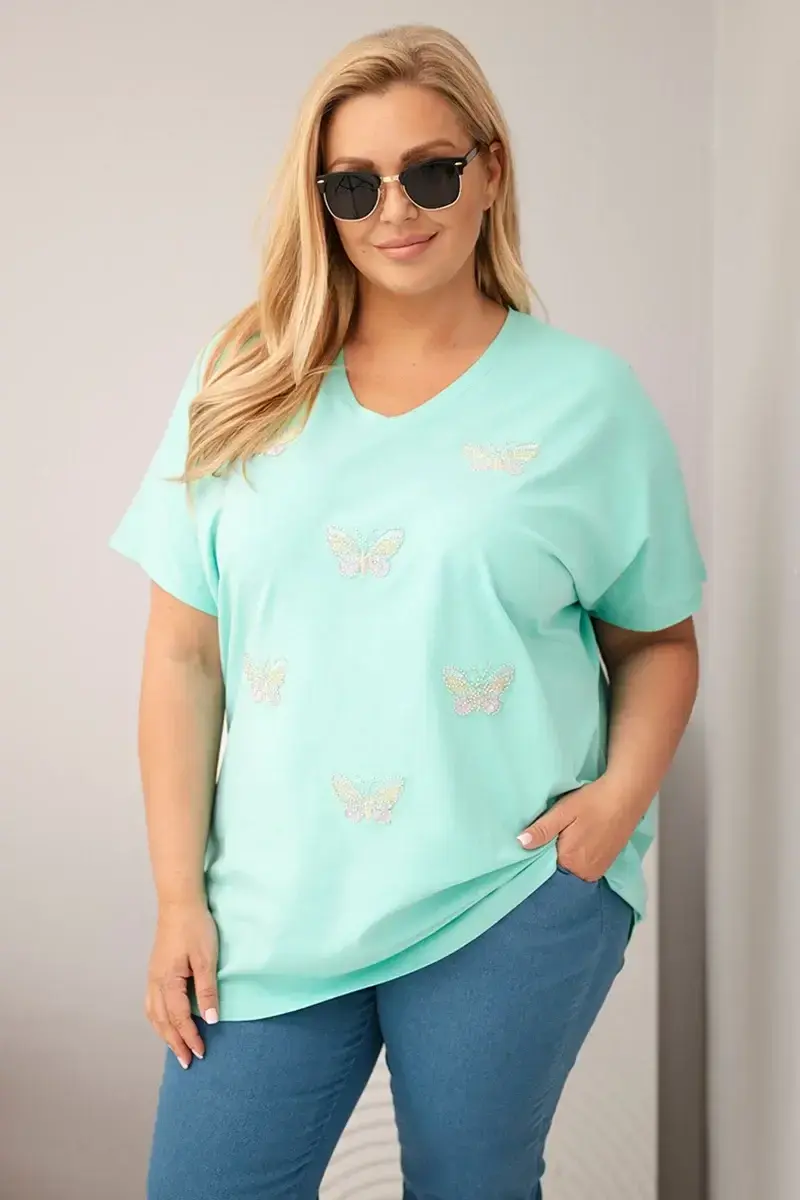 Plus size blúzka s motýľmi mint