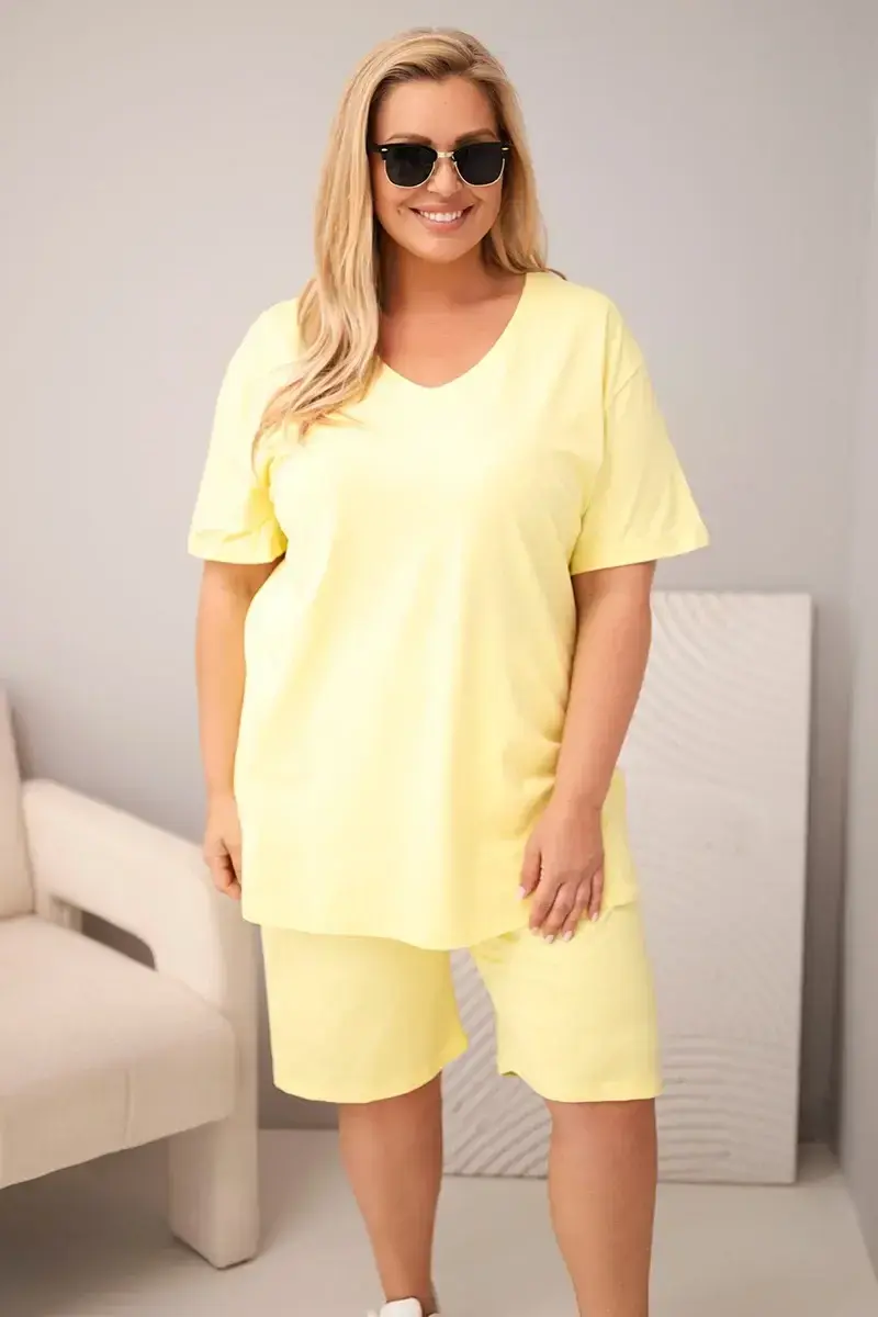 Kesi dámsky plus size set s blúzkou a kraťasmi žltý