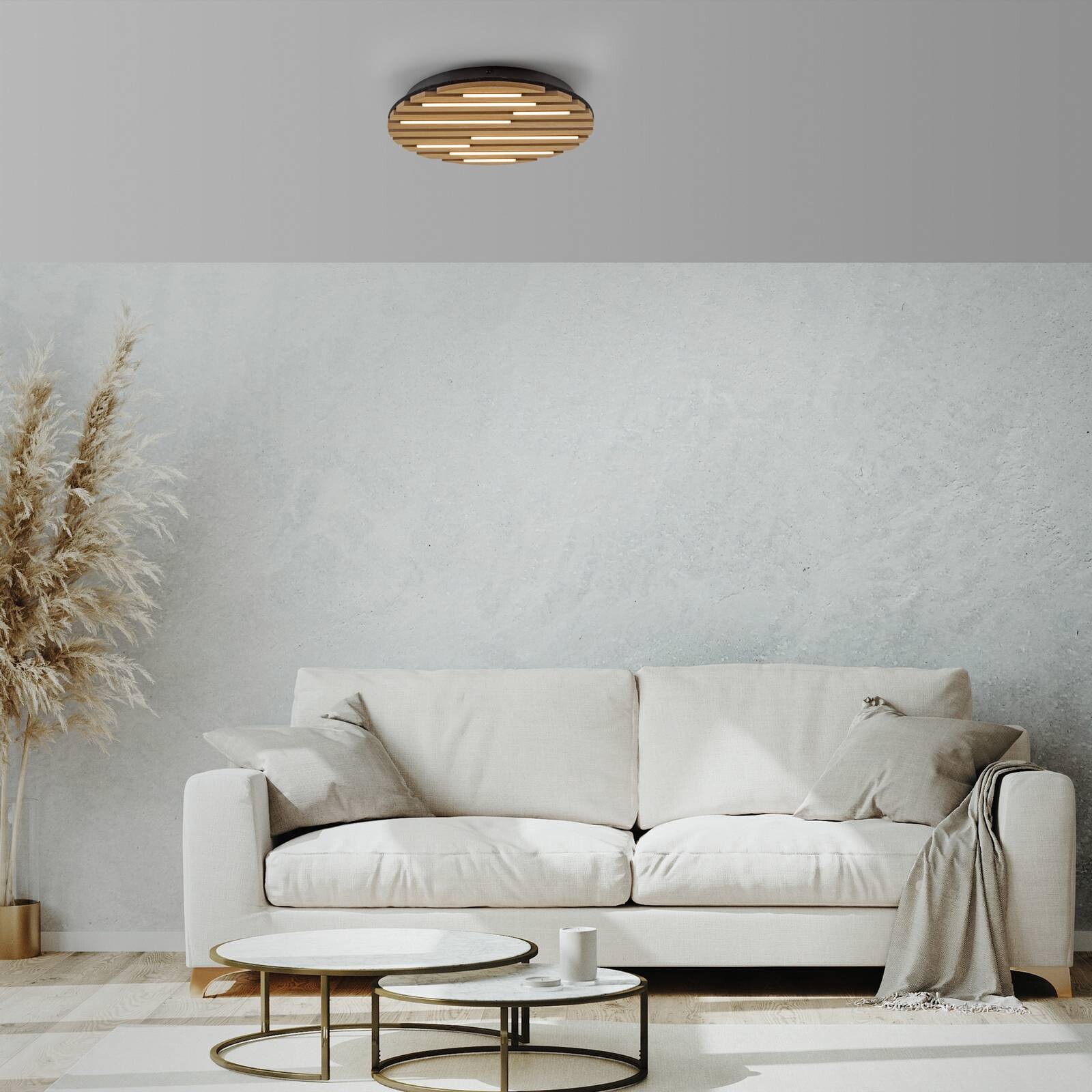 Stropné LED svetlo Akustik, Ø 38 cm, prírodné drevo, kov