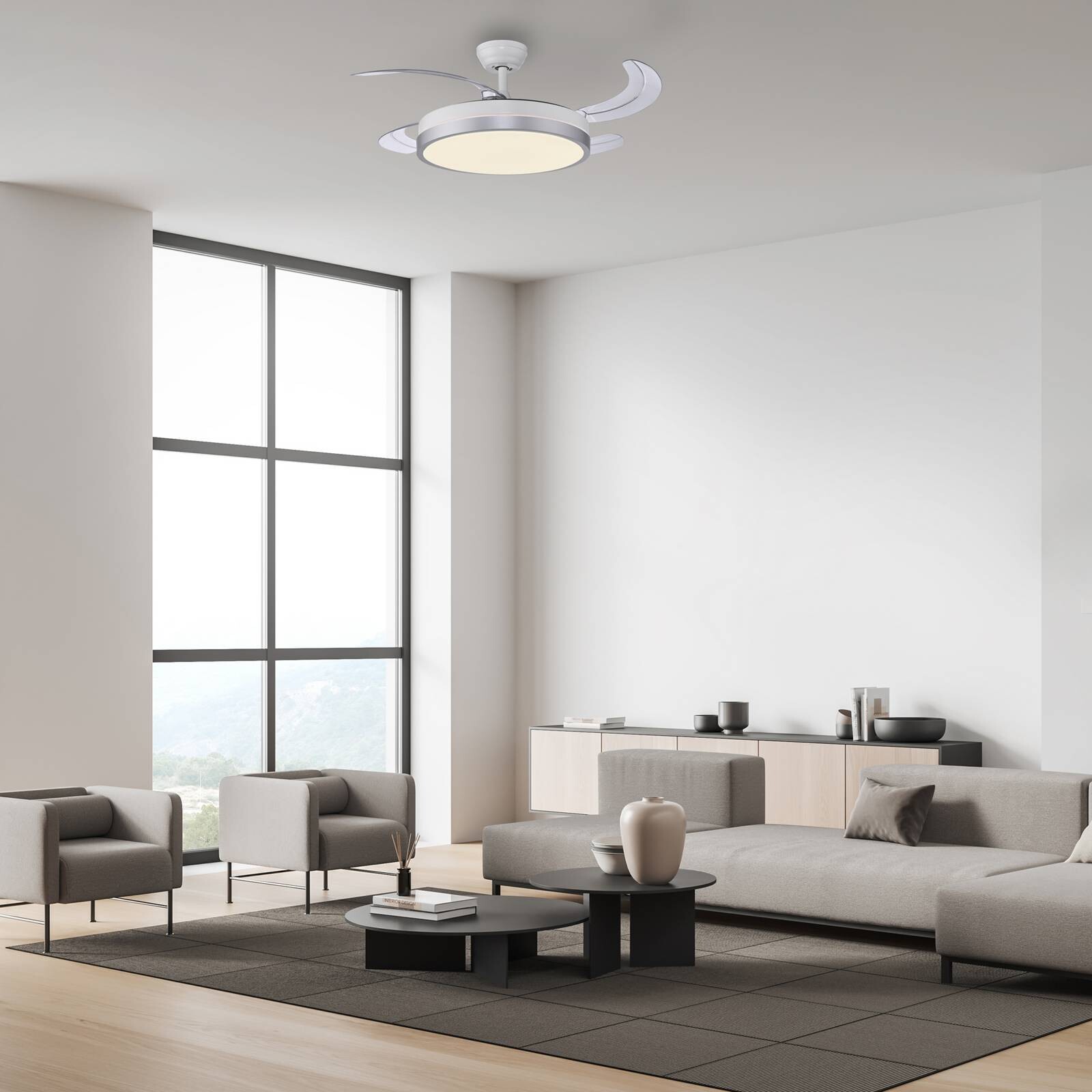 LED stropný ventilátor Kopta strieborný, CCT, s diaľkovým ovládaním, Ø 107 cm