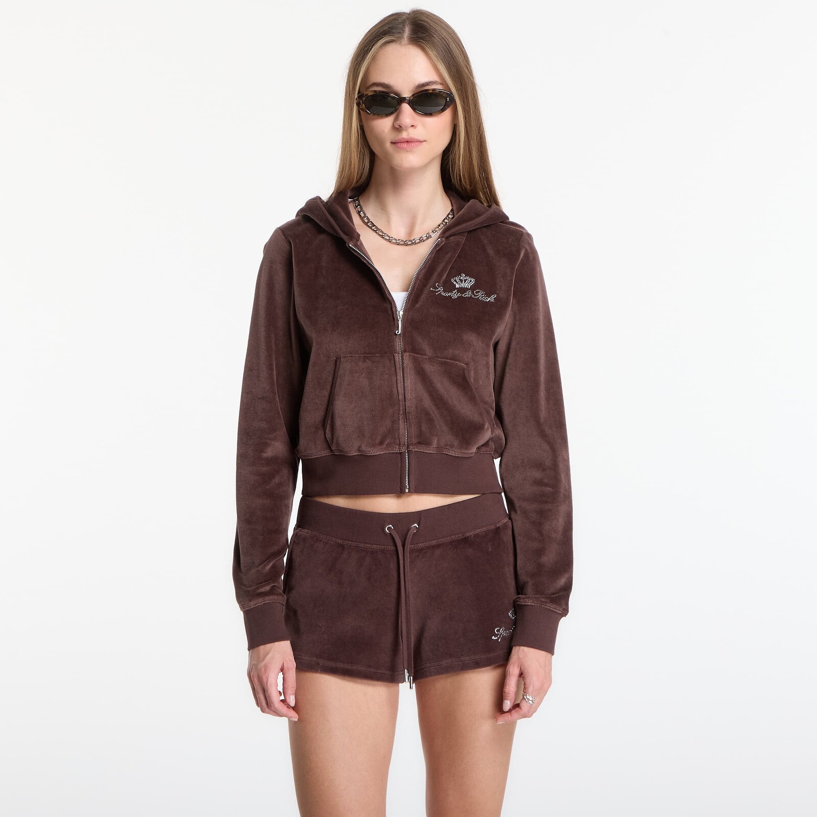 Mikina Sporty & Rich Juicy Script Velour Zip Hoodie Chocolate XS