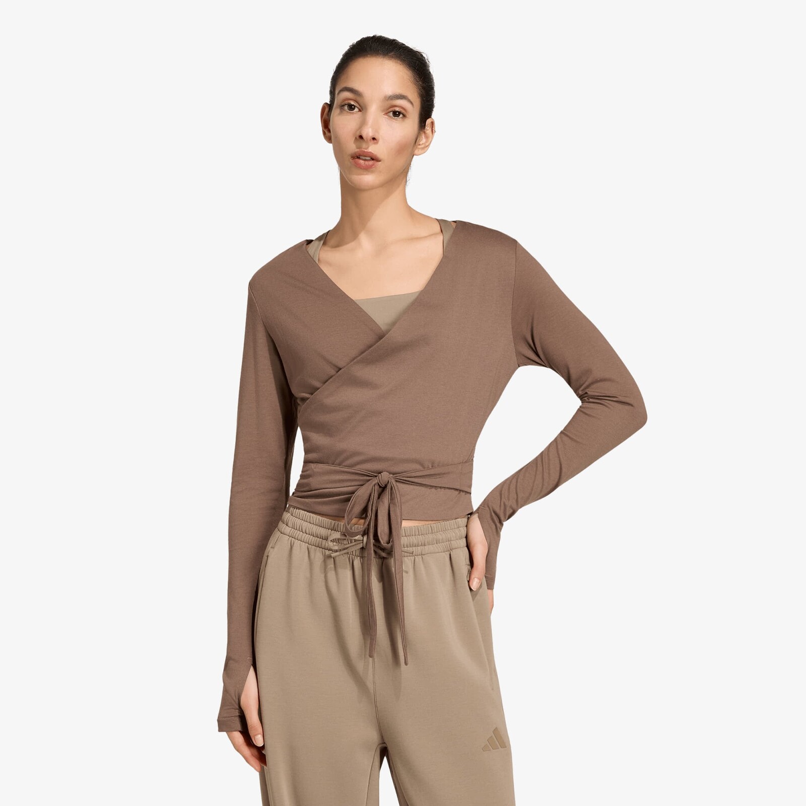 Tričko adidas 3-Stripes Studio Soft Ballet Wrap Top Earth Strata/ Glow Blue XS