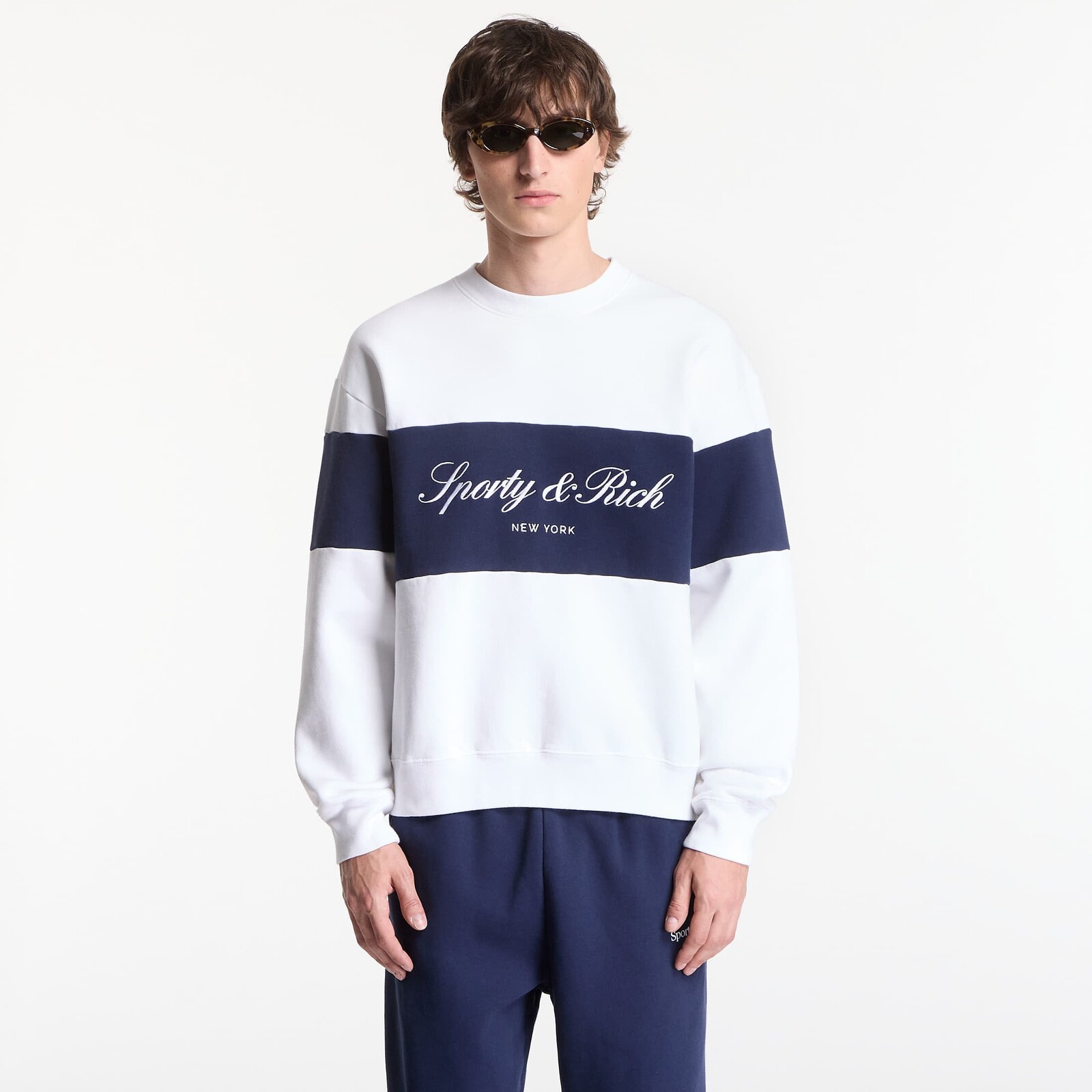 Mikina Sporty & Rich Signature Logo Block Crewneck UNISEX White/ Dark Navy XL