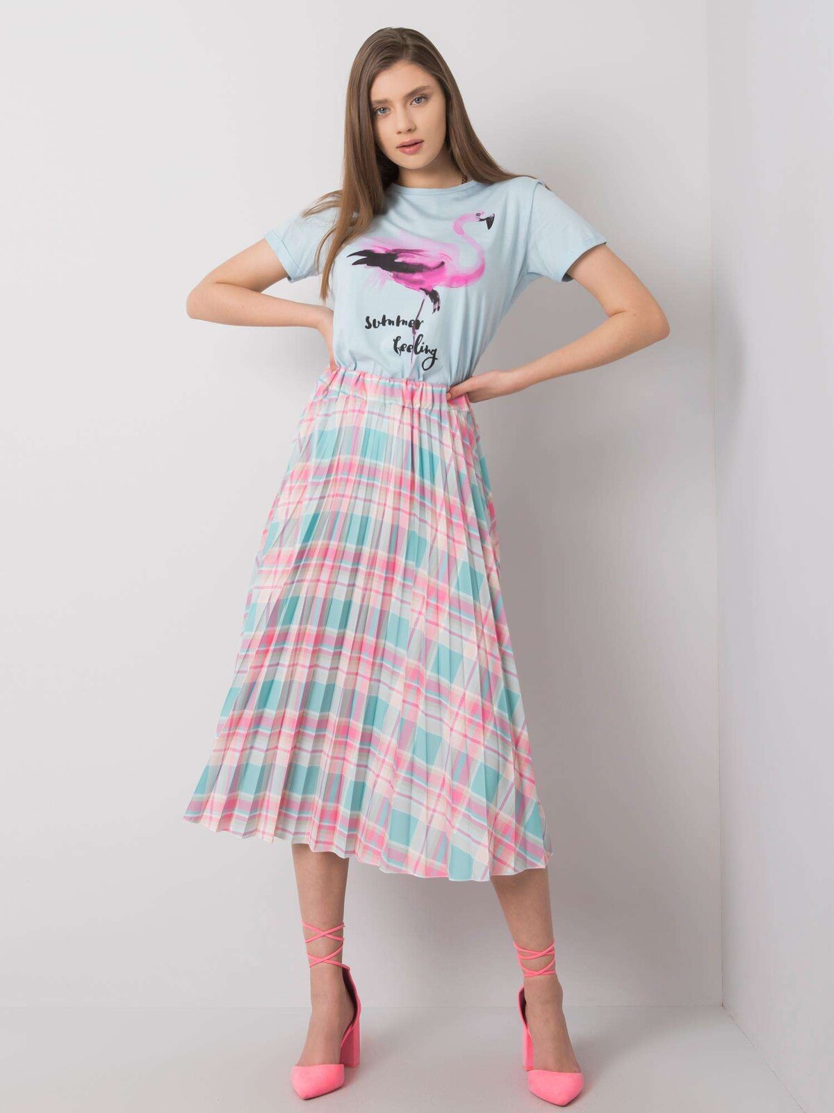 Pleated skirt with mint cheque