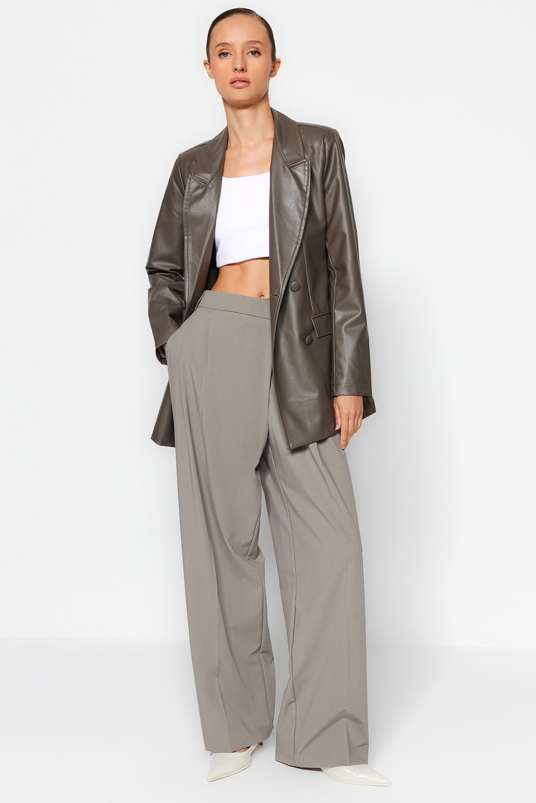 Trendyol Antracit imitácia kože Regular Lined Double Breasted Closed Tkaný Blejzer Bunda