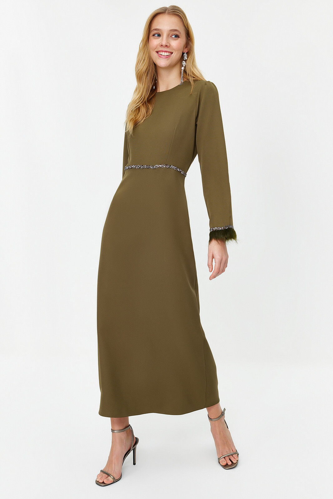 Trendyol Khaki kamenné a manžetové detailné večerné šaty