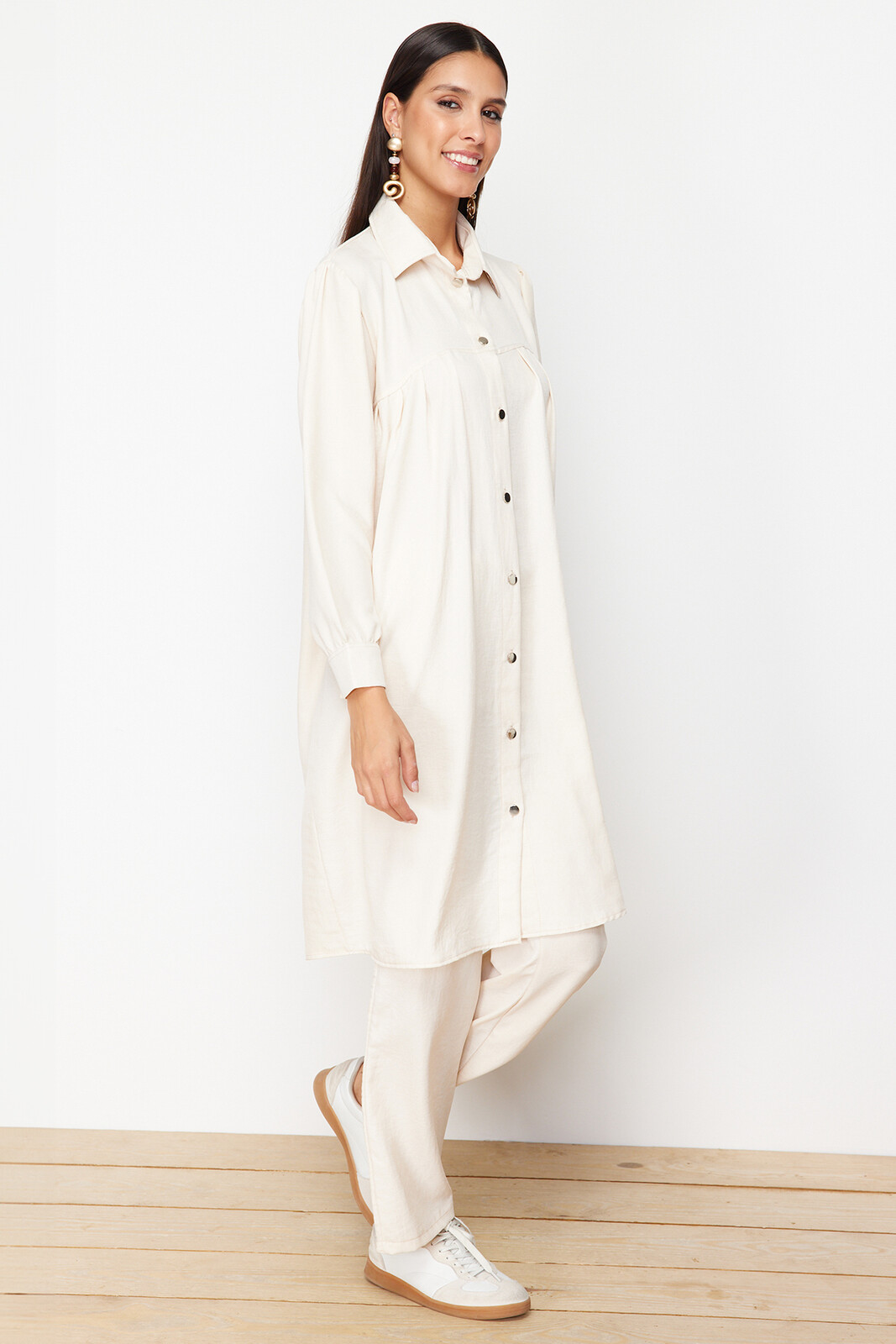 Trendyol Stone Linen Aerobin Long Shirt Woven Bottom-Top Set