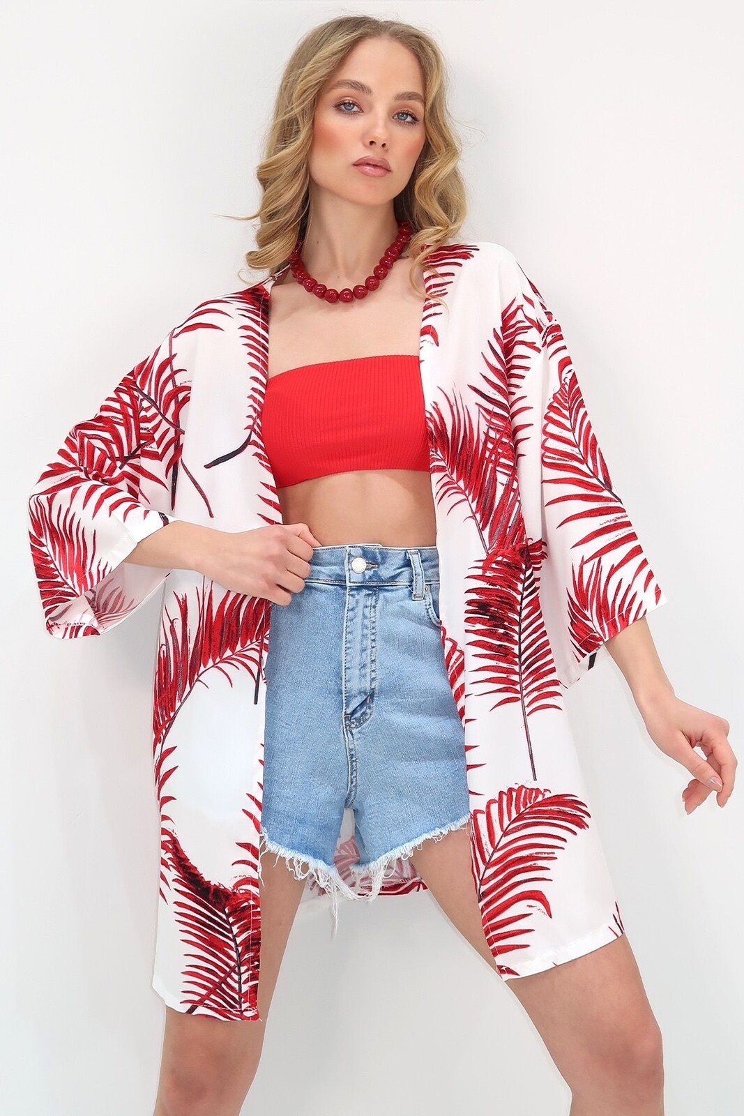 Trend Alaçatı Stili Women's Red Patterned Kimono Jacket