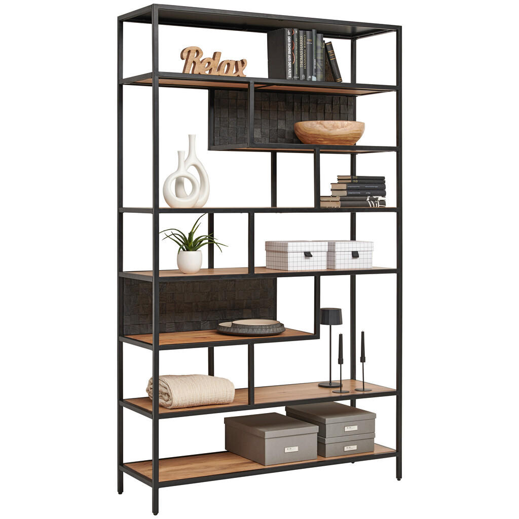 Ambia Home REGÁL, čierna, farba akácie, železo, akácia, mangové drevo, 120/201/38 cm