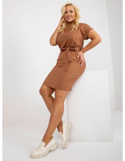 Dámske šaty s krátkymi rukávmi plátené plus size HILMAR svetlo hnedé