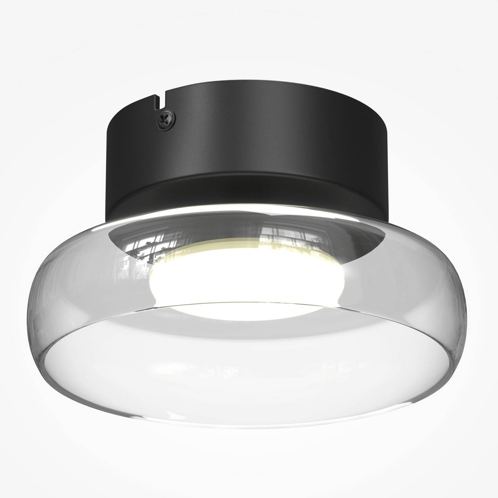 Stropné LED svetlo FLOAT, číre/čierne, Ø 20 cm, sklo/kov