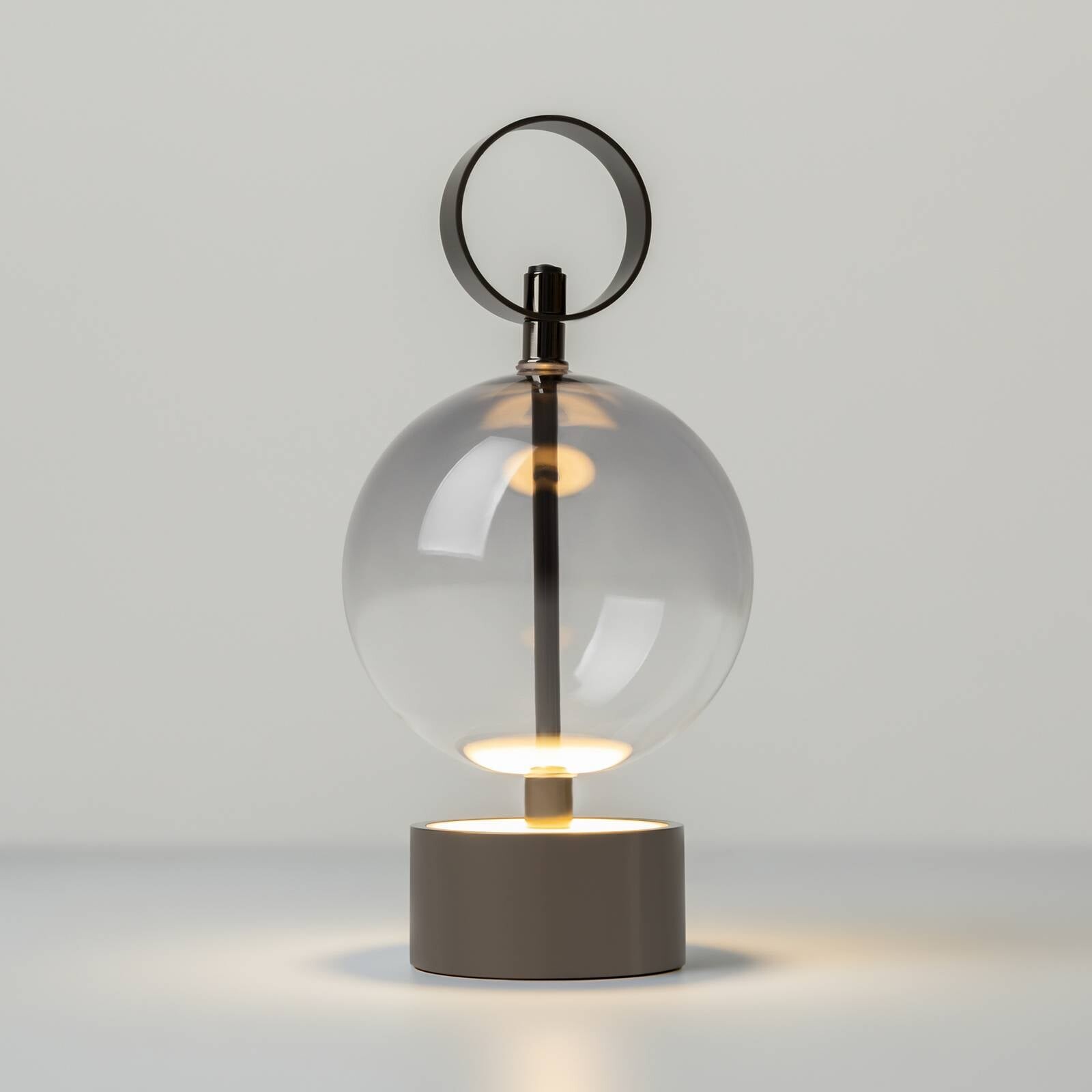 Stolová LED lampa na batérie DOUBLE MOON, dymovo šedá, výška 25 cm, sklo