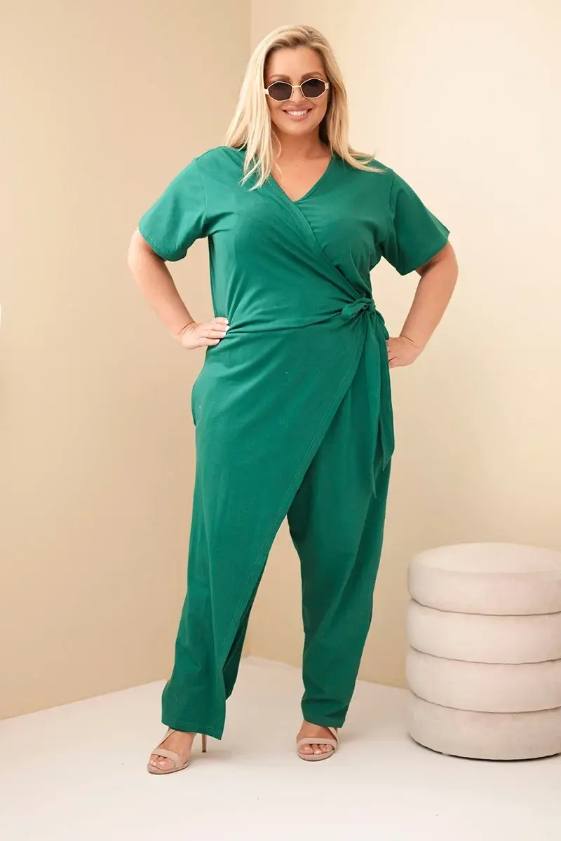 Kesi dámsky bavlnený overal Plus Size so zaväzovaním v páse zelený