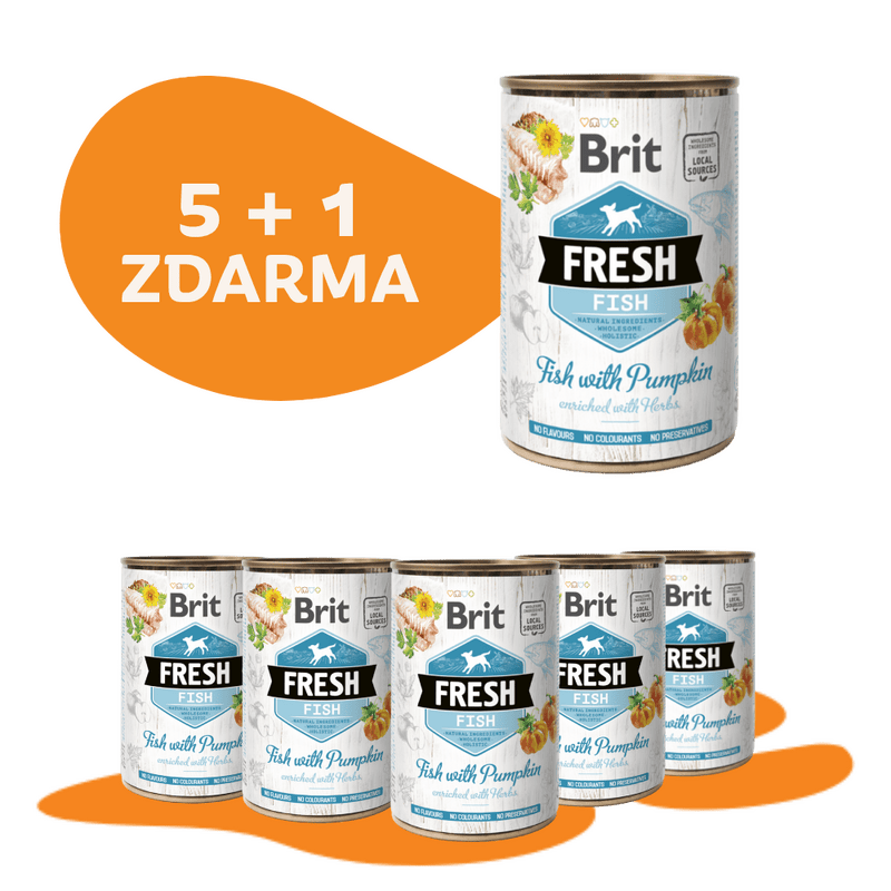 5 + 1 ZADARMO Konzerva BRIT Fresh Fish with Pumpkin 400g