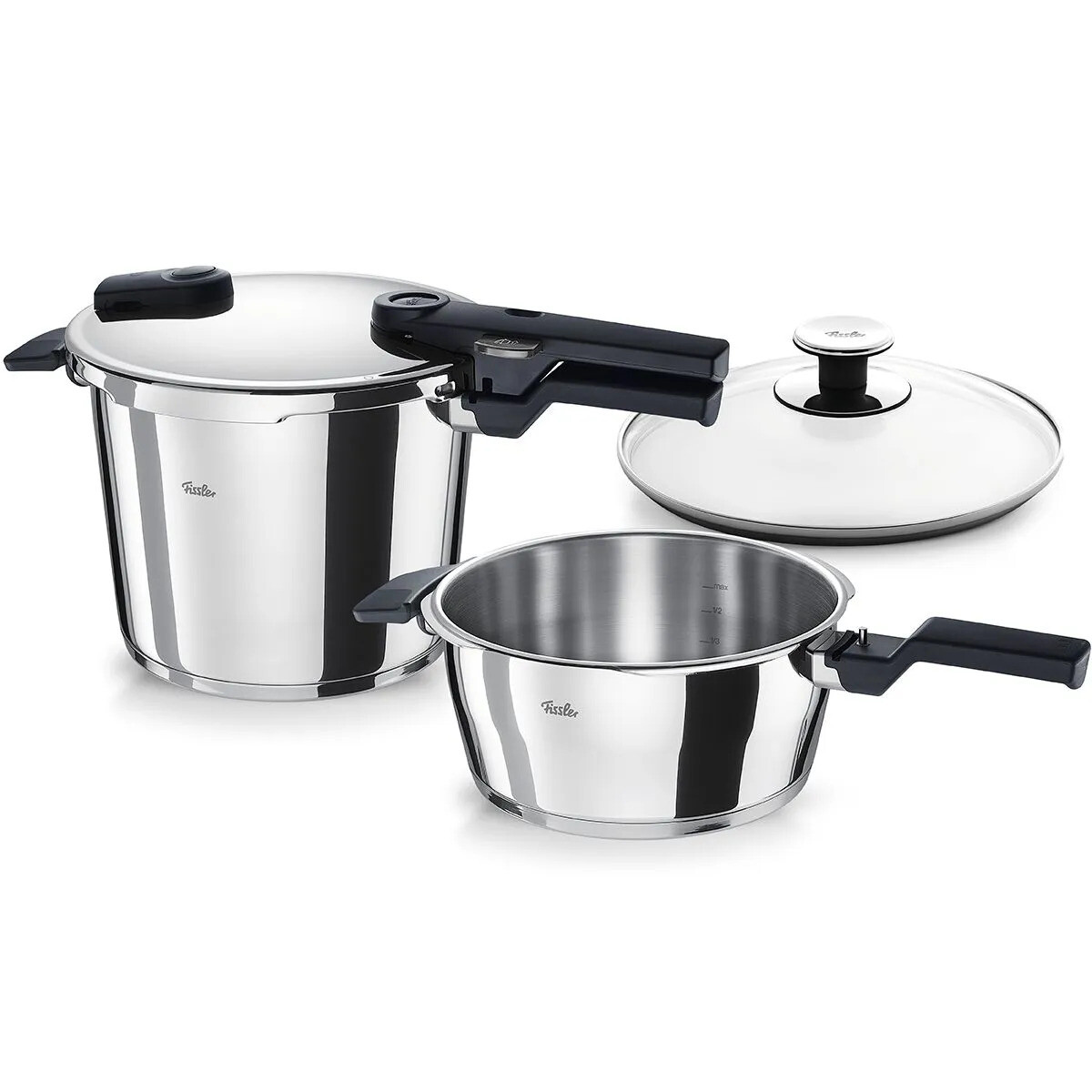 Tlakový hrniec VITAQUICK 3,5 l + 6,5 l + sklenená pokrievka na hrniec, súprava 3 ks, Fissler
