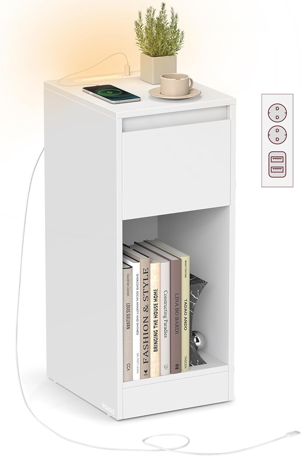 Noční stolek s LED osvětlením a USB portem Vasagle Melisa 25 cm bílý