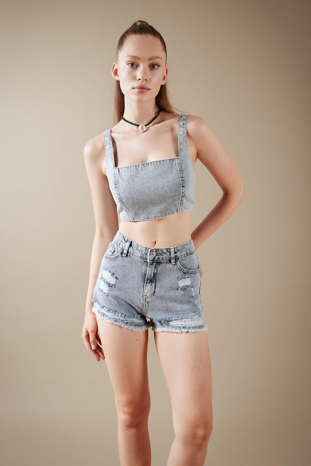 DEFACTO Crop Square Neck 100% Cotton Jean Blouse