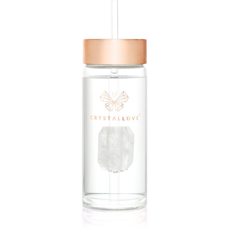 Crystallove Amethyst Straw Water Bottle sklenená fľaša na vodu s rúrkou Clear 400 ml