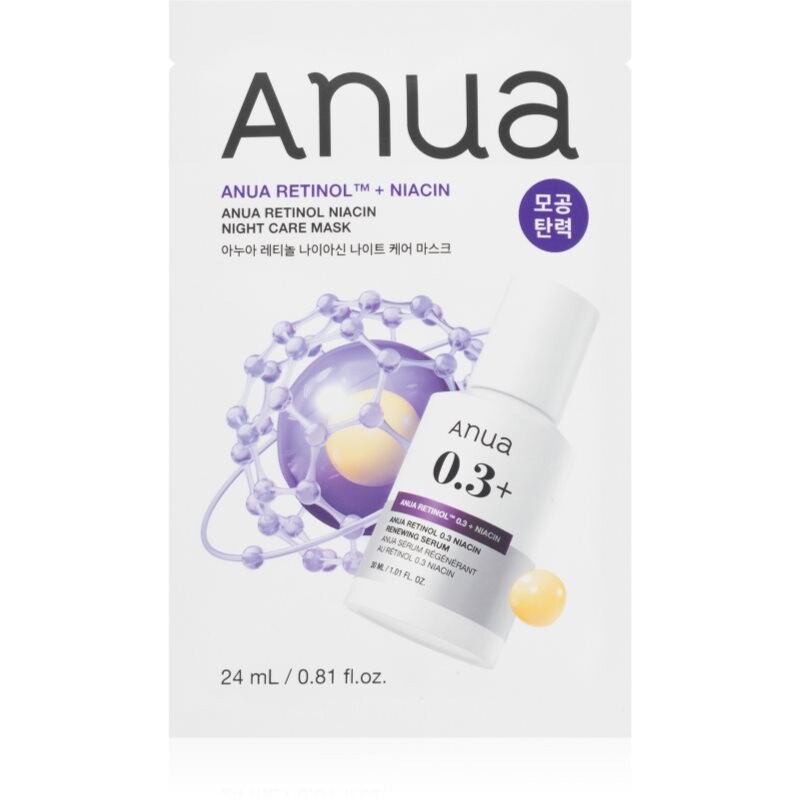 Anua Retinol + Niacin Night Care Mask protivrásková plátenná maska pre zjednotenie farebného tónu pleti 24 ml