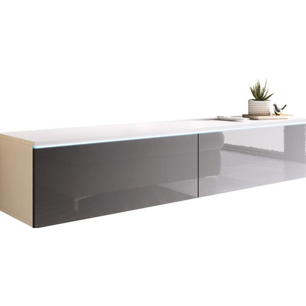P & B Nízka komod s LED, biela, sivá farba s vysokým leskom, 140/30/33 cm
