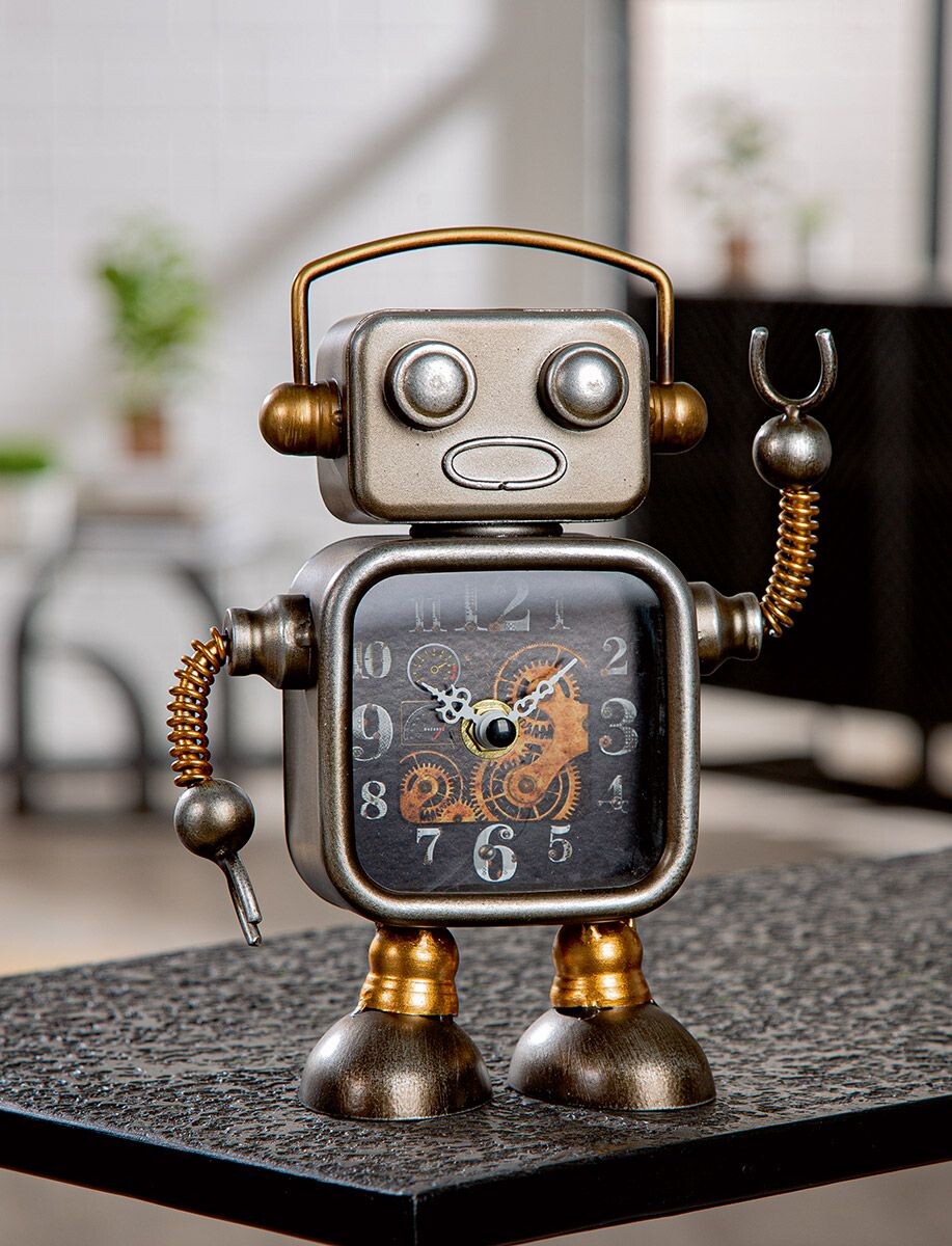 Kovové robotické stolové hodiny