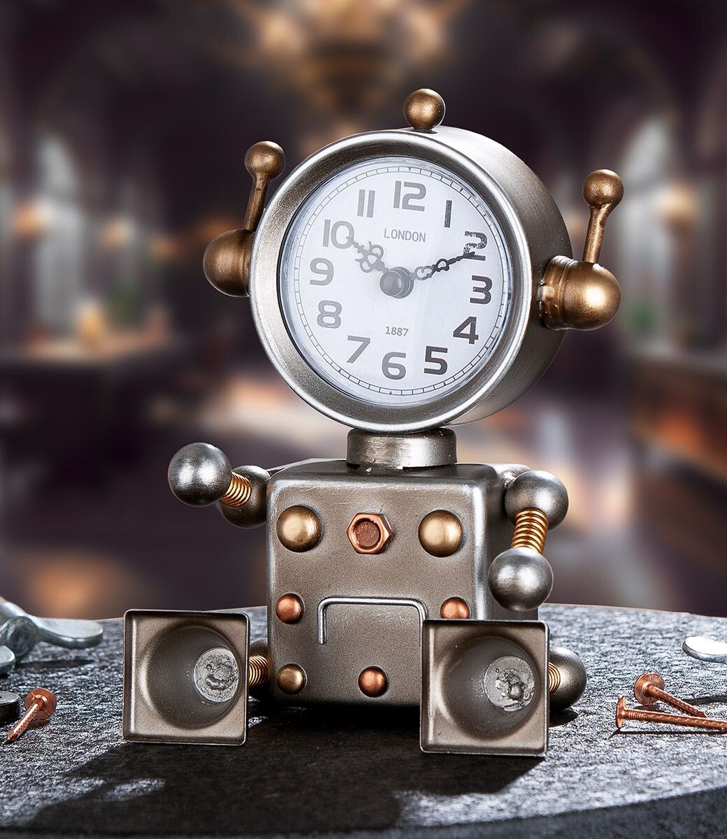 Stolové hodiny kovový robot 