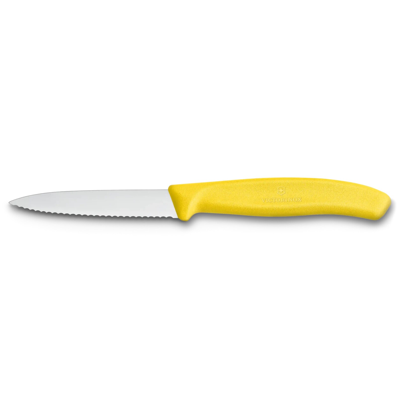 Nôž na zeleninu 8 cm, zúbkované ostrie, žltá, plast, Victorinox