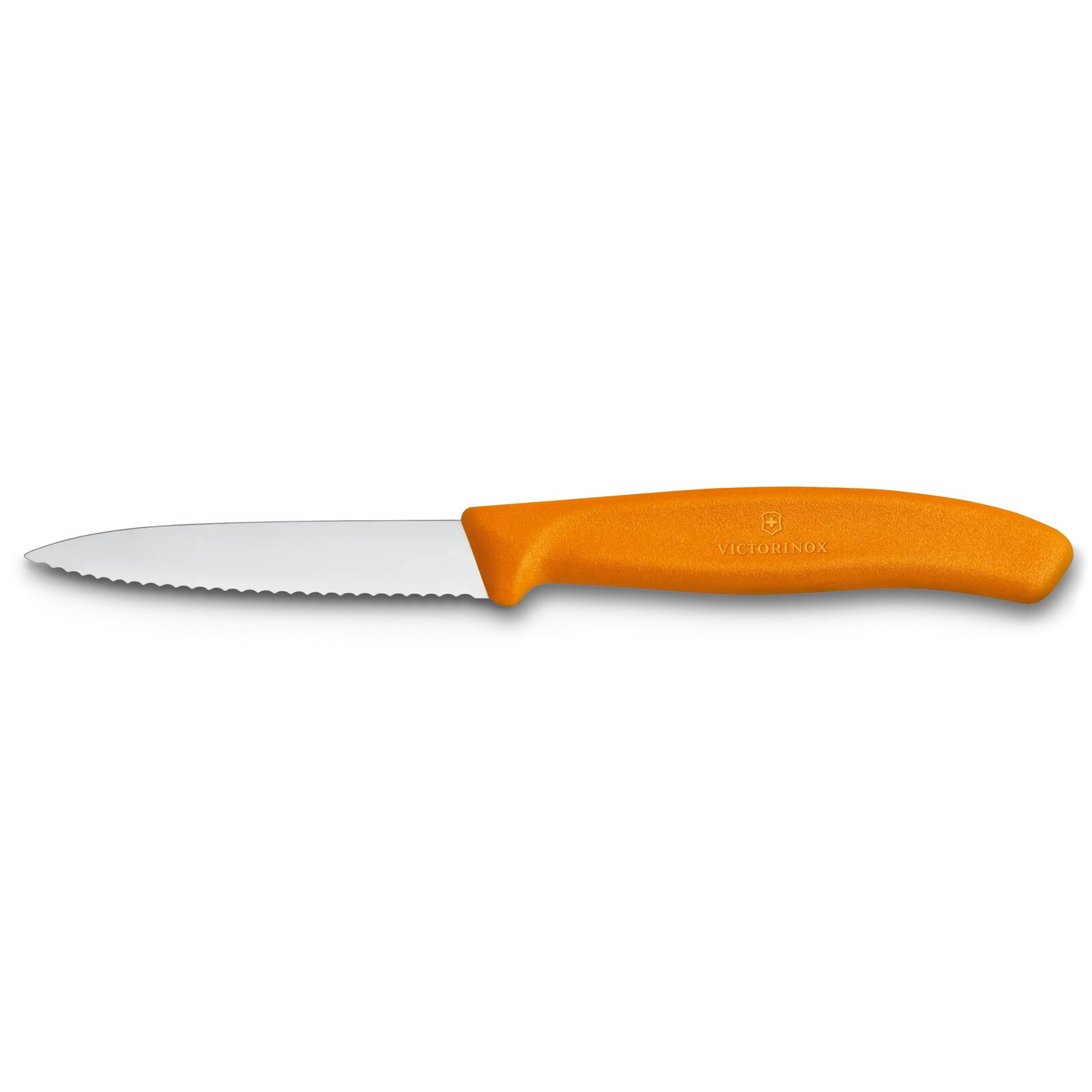Nôž na zeleninu 8 cm, zúbkované ostrie, oranžová, plast, Victorinox