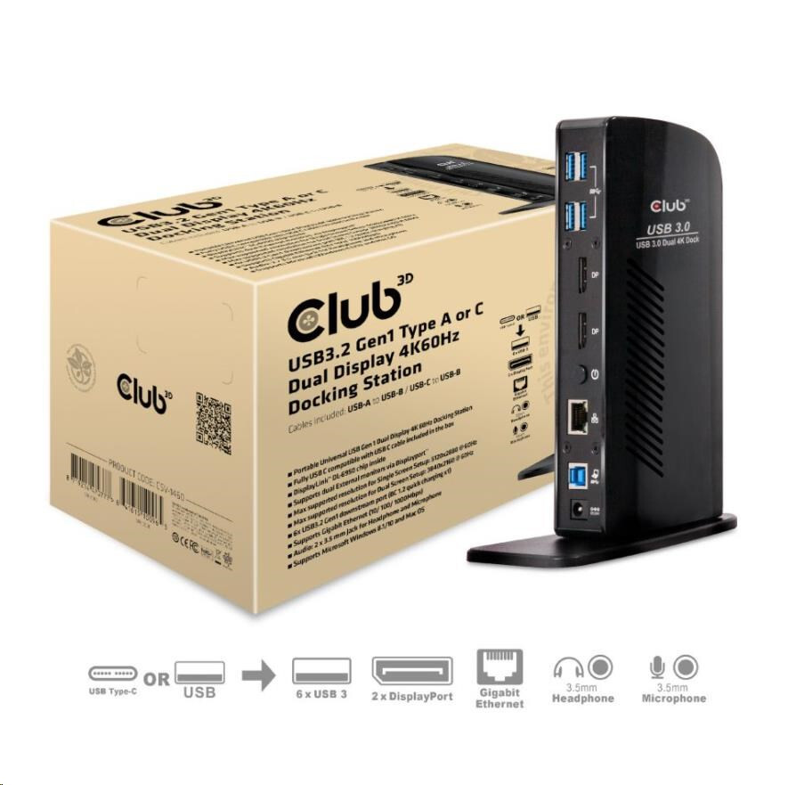 Club3D Dokovacia stanica USB-A alebo USB-C, 10v1 2xDP, 6xUSB, 1xRJ45, 1x3.5mm, čierna