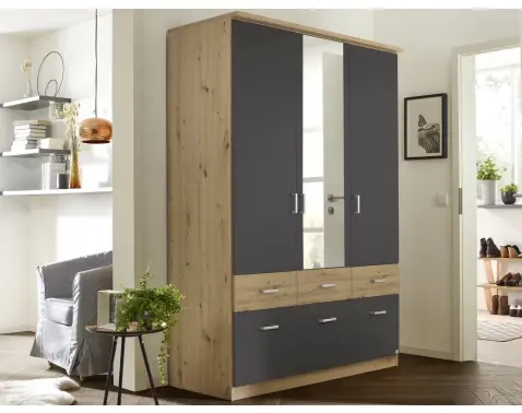 Šatníková skriňa so zrkadlom Bremen, 136 cm, dub artisan/tmavo šedá%